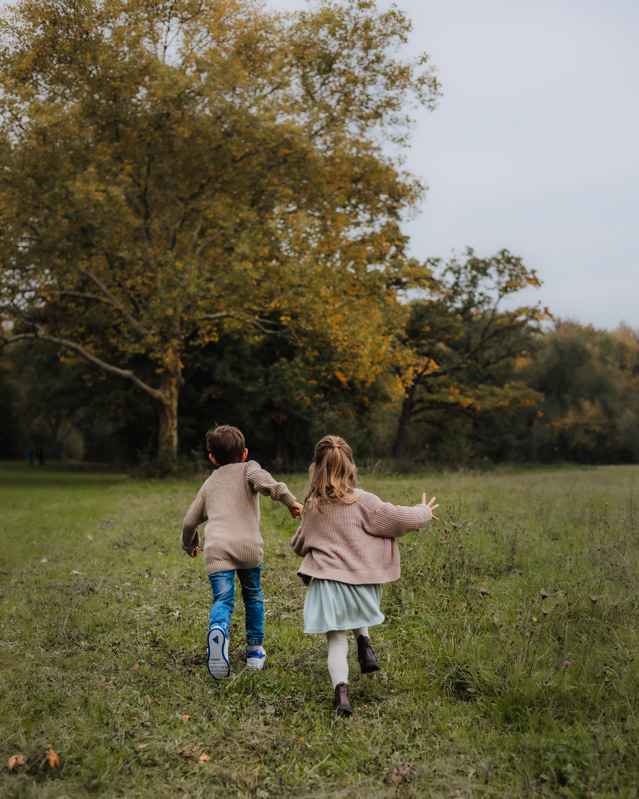 Geschwister rennen Hand in Hand im Park